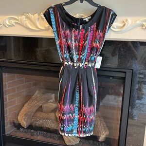 Black Print Silky Dress Tie Back Short Sleeve New